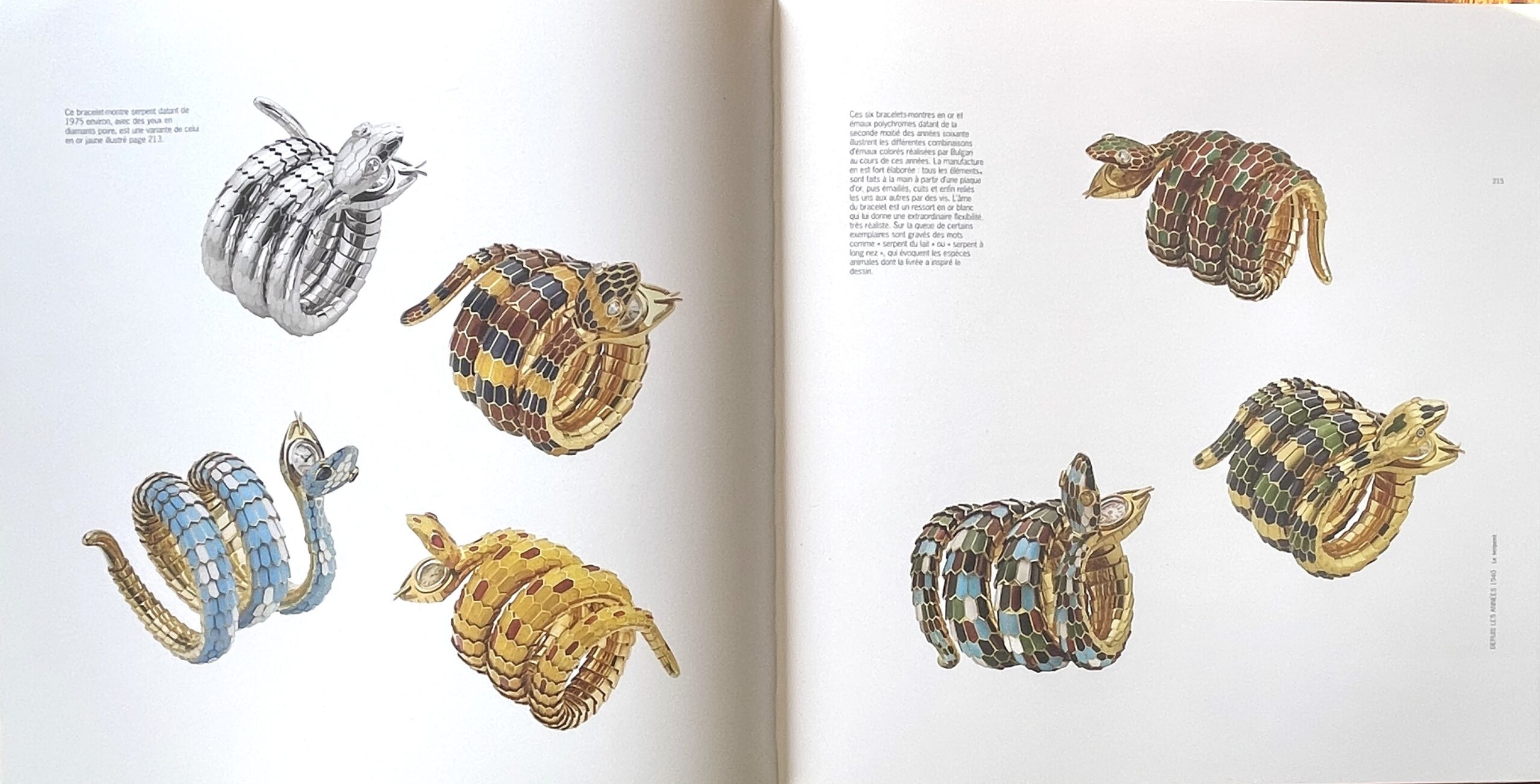 Page 214-215 examples of Bvlgari's snake bracelets watches from the 1960s