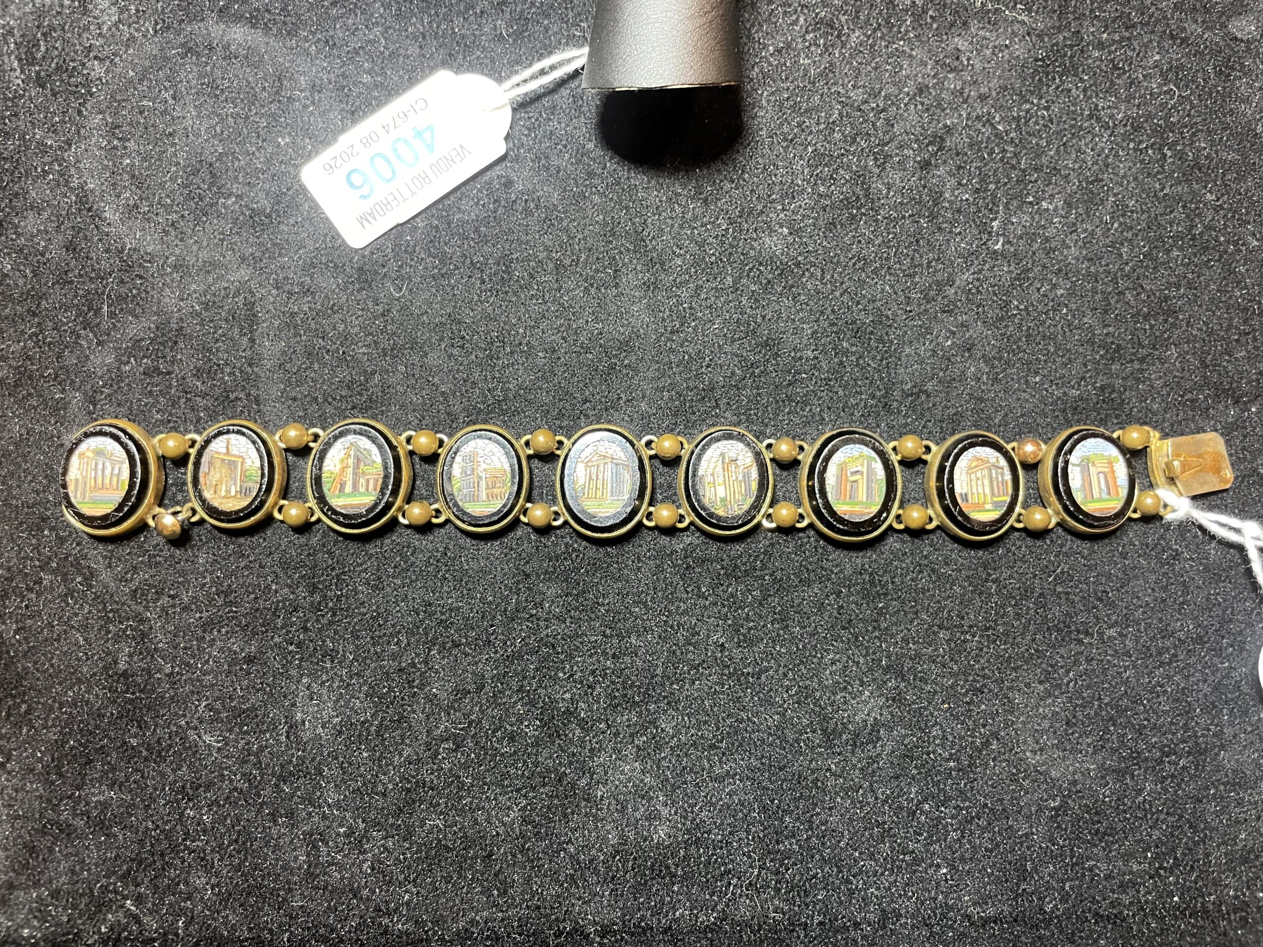 Antique metal bracelet set with micro mosaic plaques with Vedute di Roma